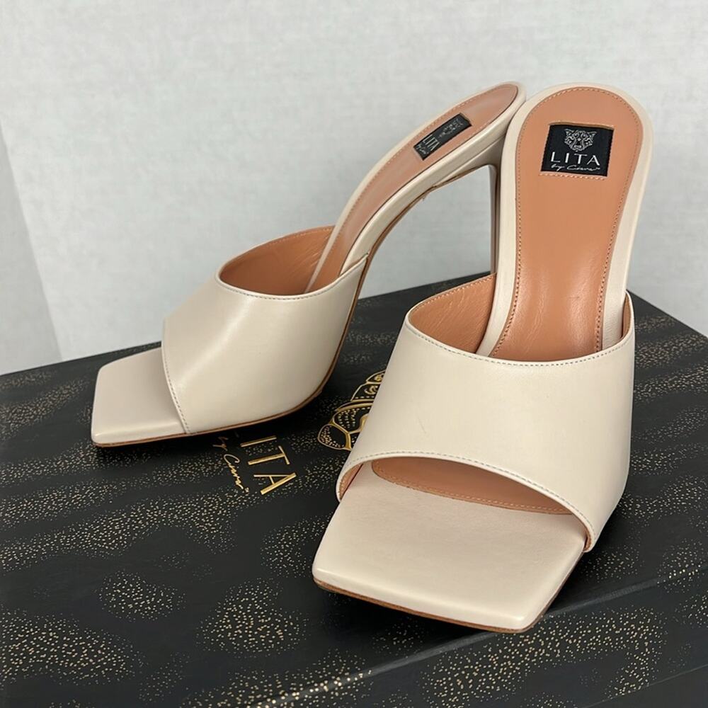 Lita by Ciara Shoes Square Toe Slide Cream Leather Stiletto Heel EU 41 US 9